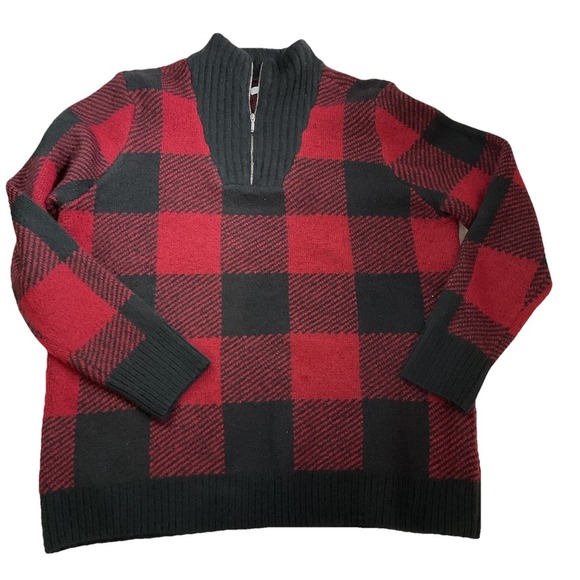 Croft Barrow Red Black Buffalo Plaid Quarter Zip Sweater Size Large‎ - Picture 1 of 5